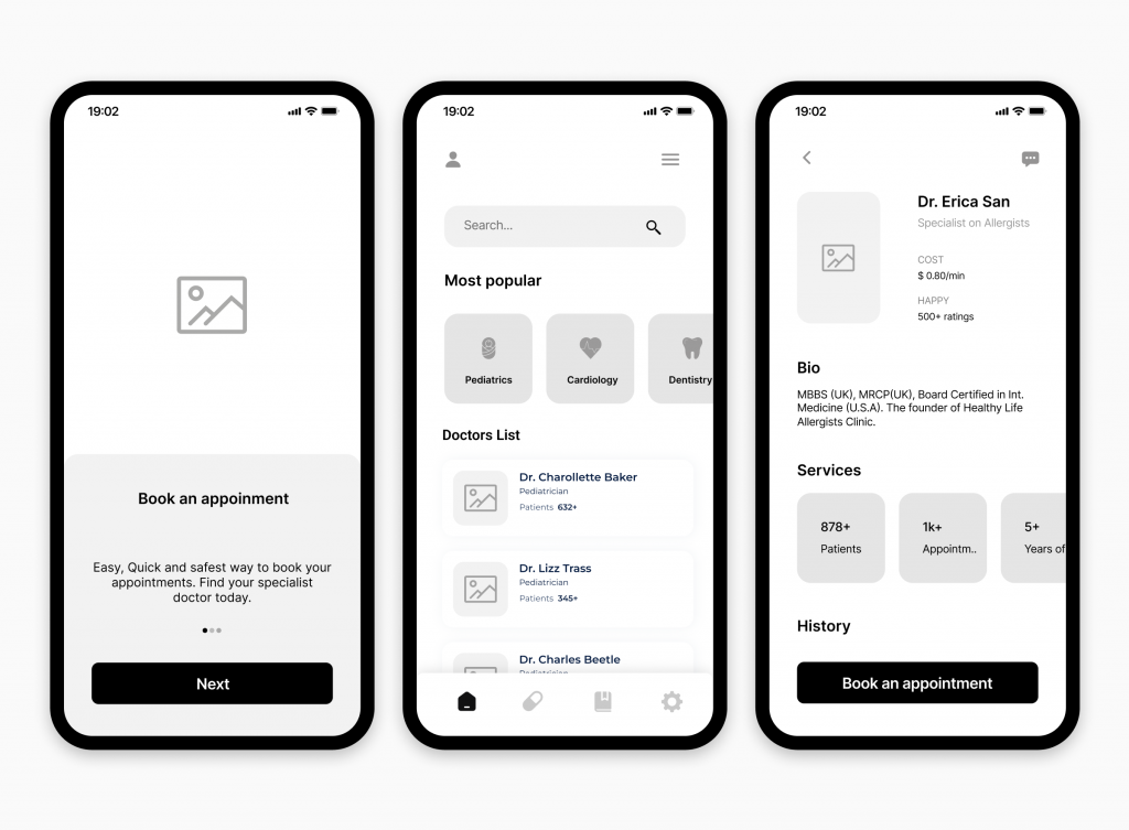 18 Tips for Effective Healthcare UI Design in Telehealth Apps 2 Examples of wireframes for a telemedicine app