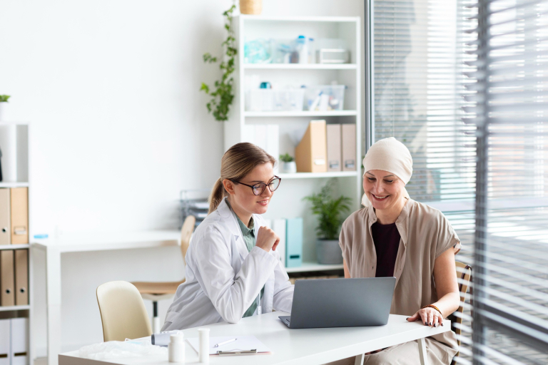 Woman talking with doctor